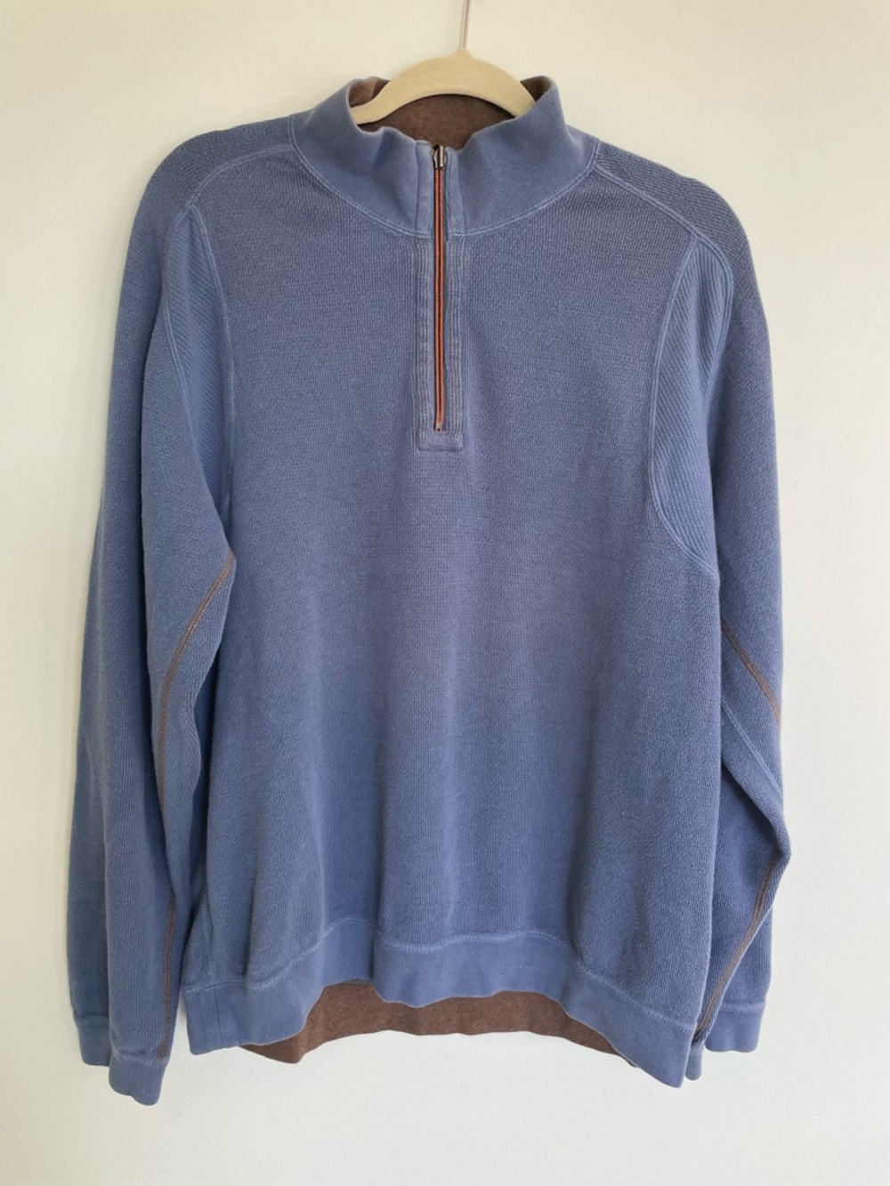 Tommy Bahama Men's Half-Zip Sweater in Slate Blue with Brown Trim